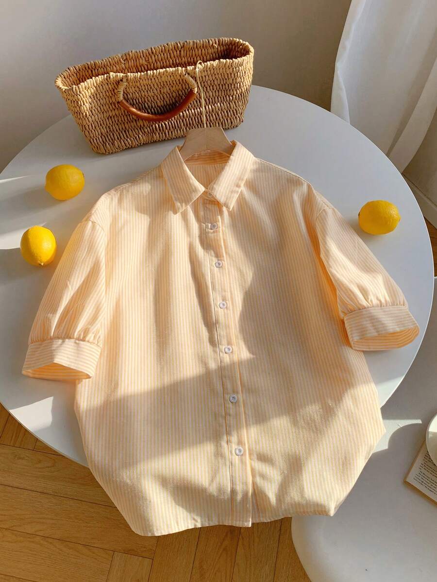 SHEIN EZwear Women's Casual Striped Dropped Shoulder Long Sleeve Single-Breasted Blouse Polo Shirts For Women