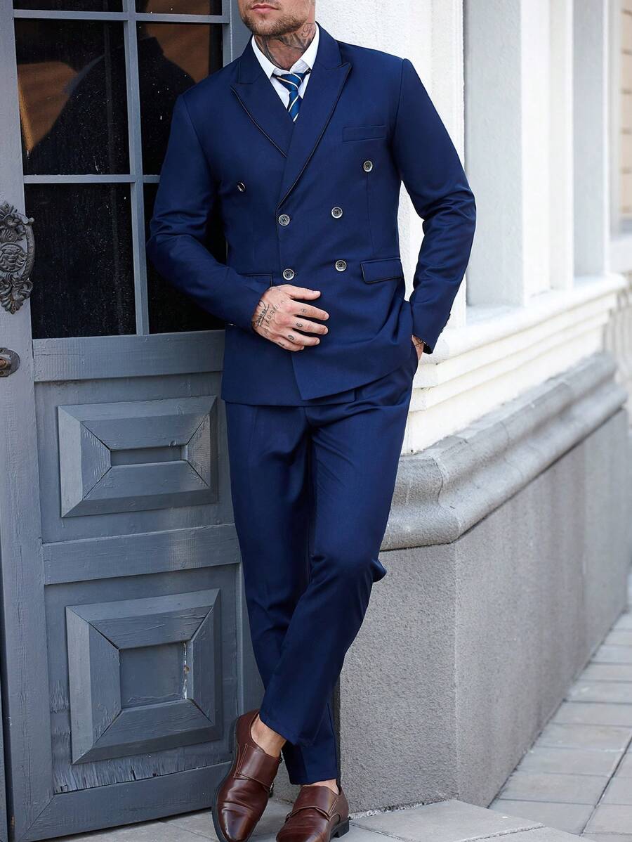 Manfinity Mode Conjunto de chaqueta y pantalones de traje para hombre, conjunto de vestir de moda para el verano