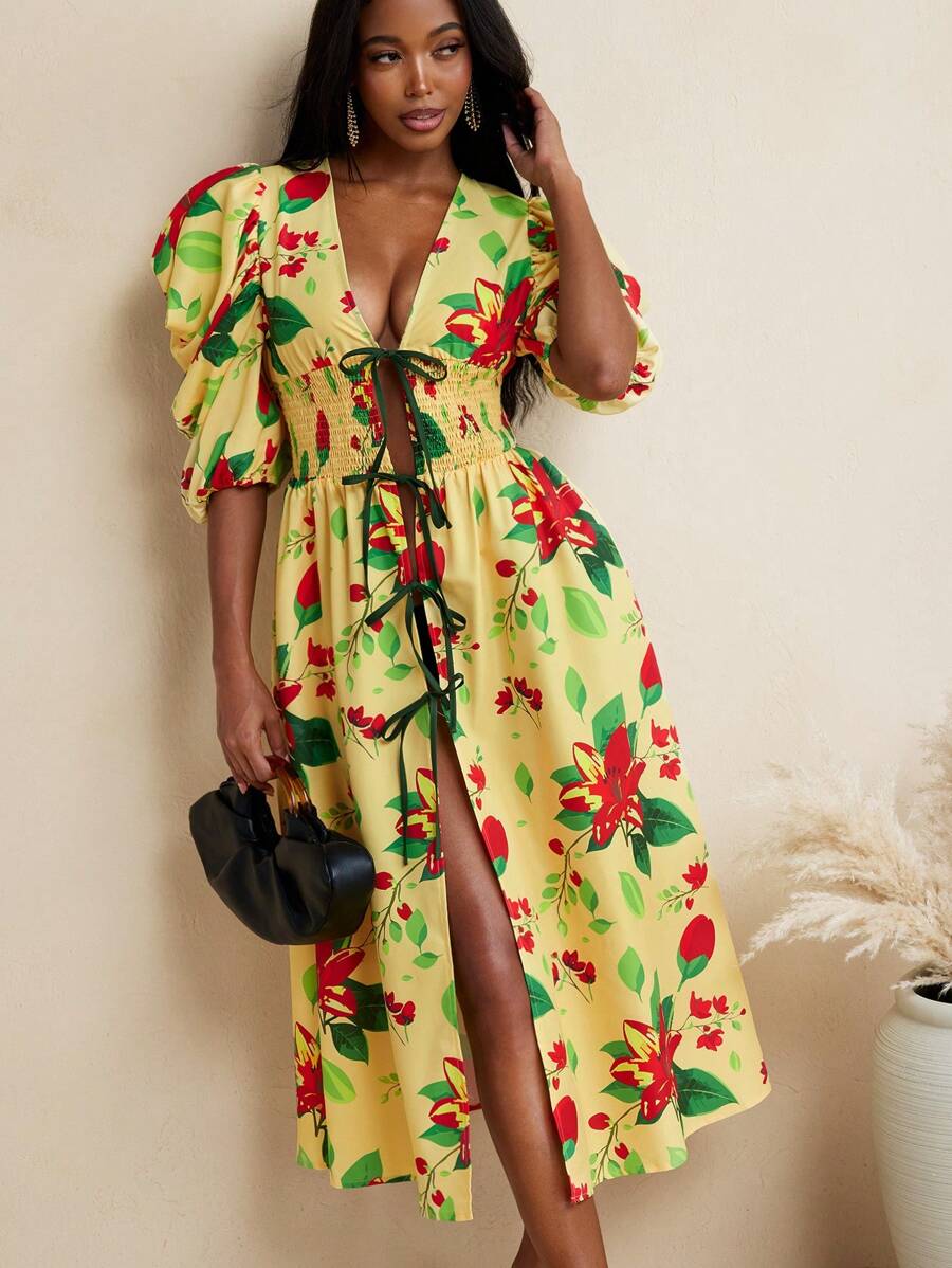 BELANGE HANDMADE Abito donna con stampa floreale, maniche corte a palloncino, vita arricciata, fiocco e spacco al ginocchio, adatto per vacanza e tempo libero