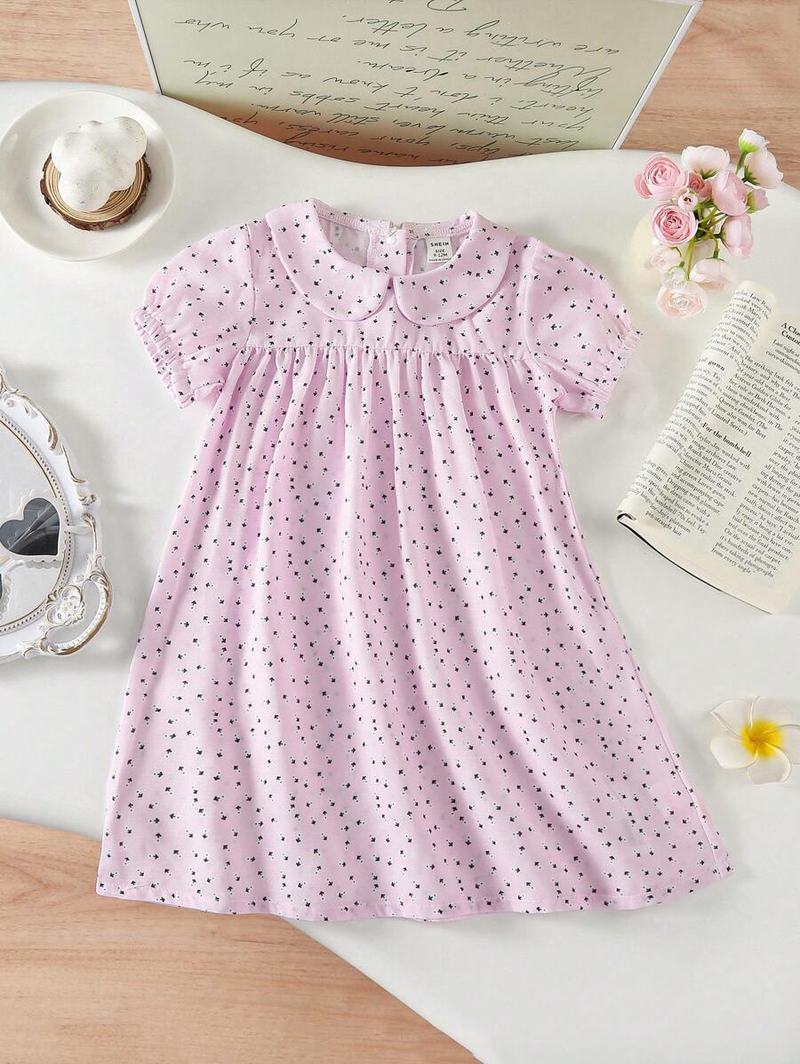 Robe de nuit longue d'été pour fille bébé, style casual et confortable en vacances, avec motif floral ditsy et col violet
