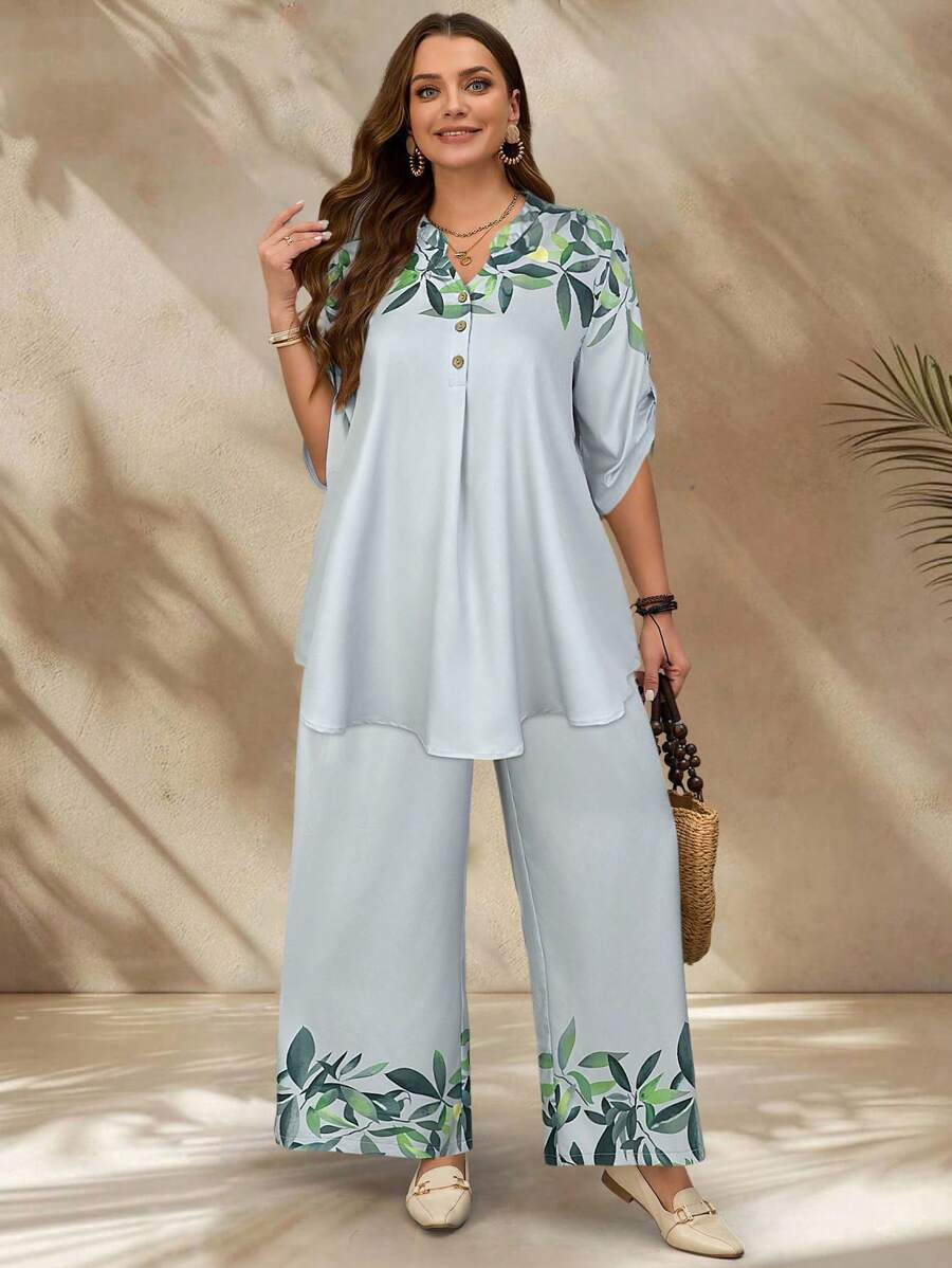 EMERY ROSE Set da 2 pezzi di camicia con volant e pantaloni con stampa floreale, per taglie forti da donna, adatto per vacanza