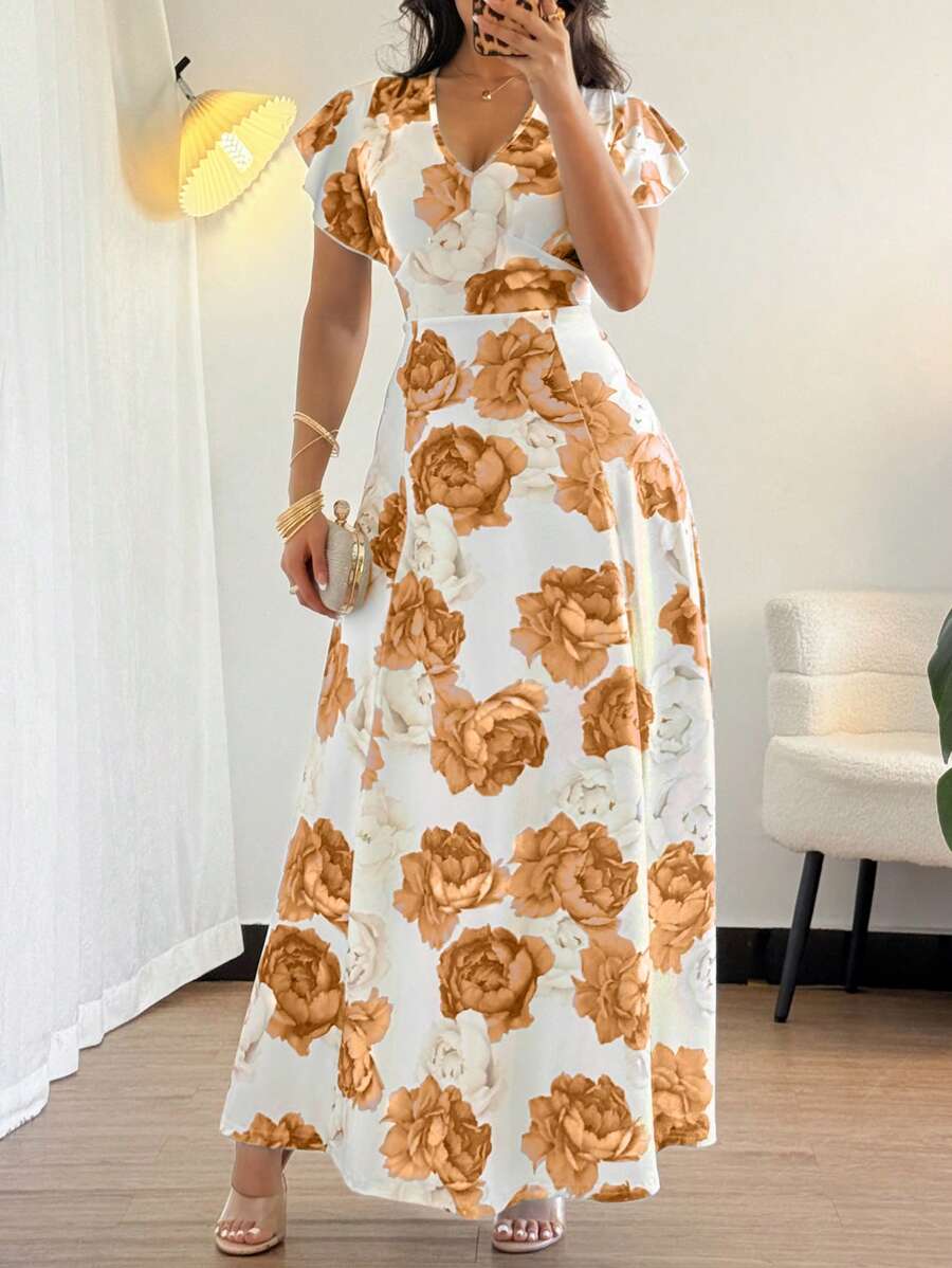 SHEIN VCAY CURVE Vestito maxi con scollo a V a volant con stampa floreale, estivo, per taglie comode