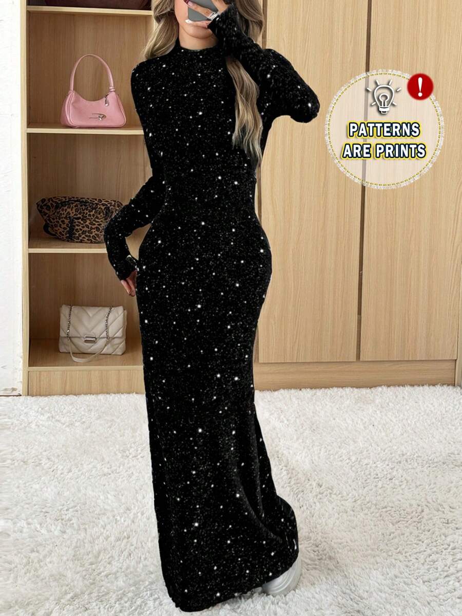SHEIN EZwear Women's Starry Night Dress: Black Glitter Long Sleeve Maxi Dress,Prom Dress