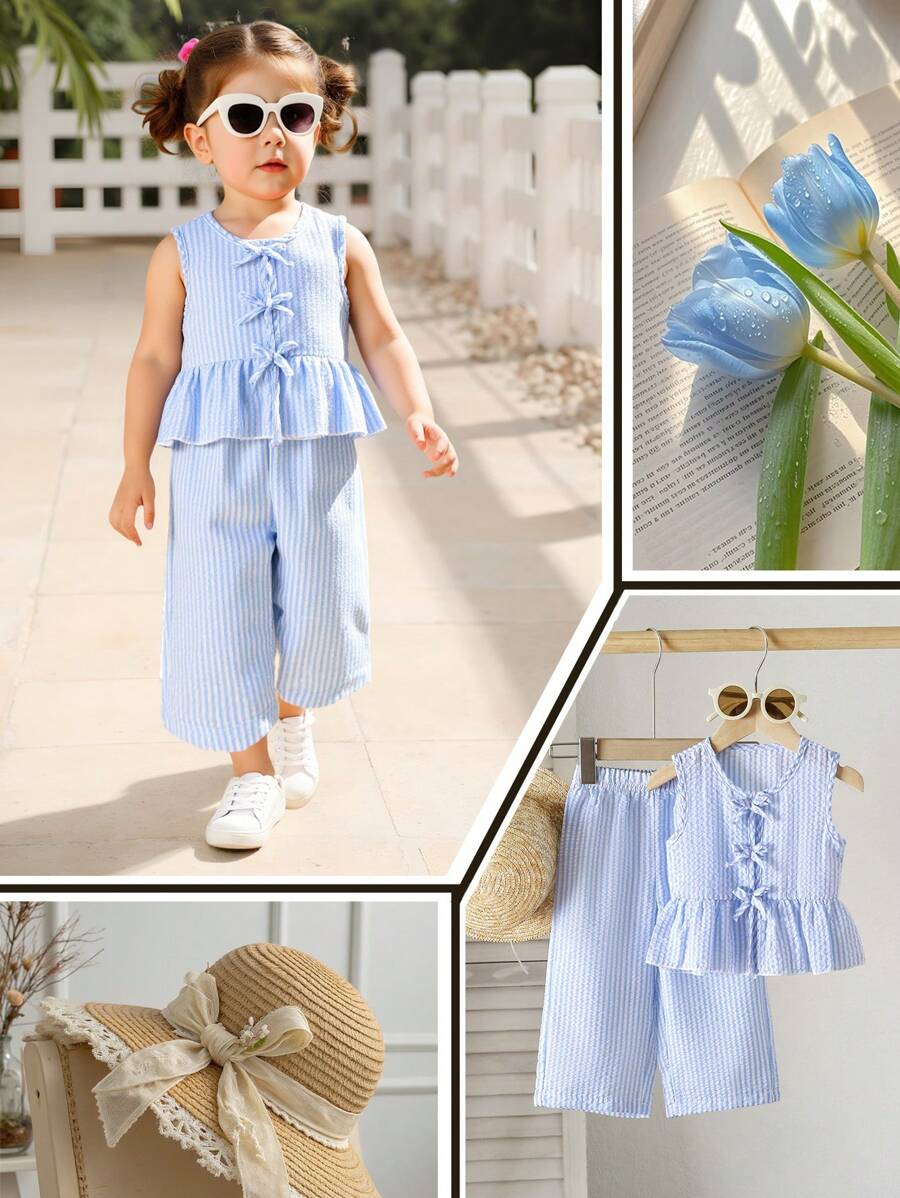 SHEIN Conjunto de 2 piezas de parte superior sin mangas de rayas y pantalones de pierna ancha para niñas bebés y niñas pequeñas de 0 a 3 años, ideal para uso casual, diario y de vacaciones en primavera y verano
