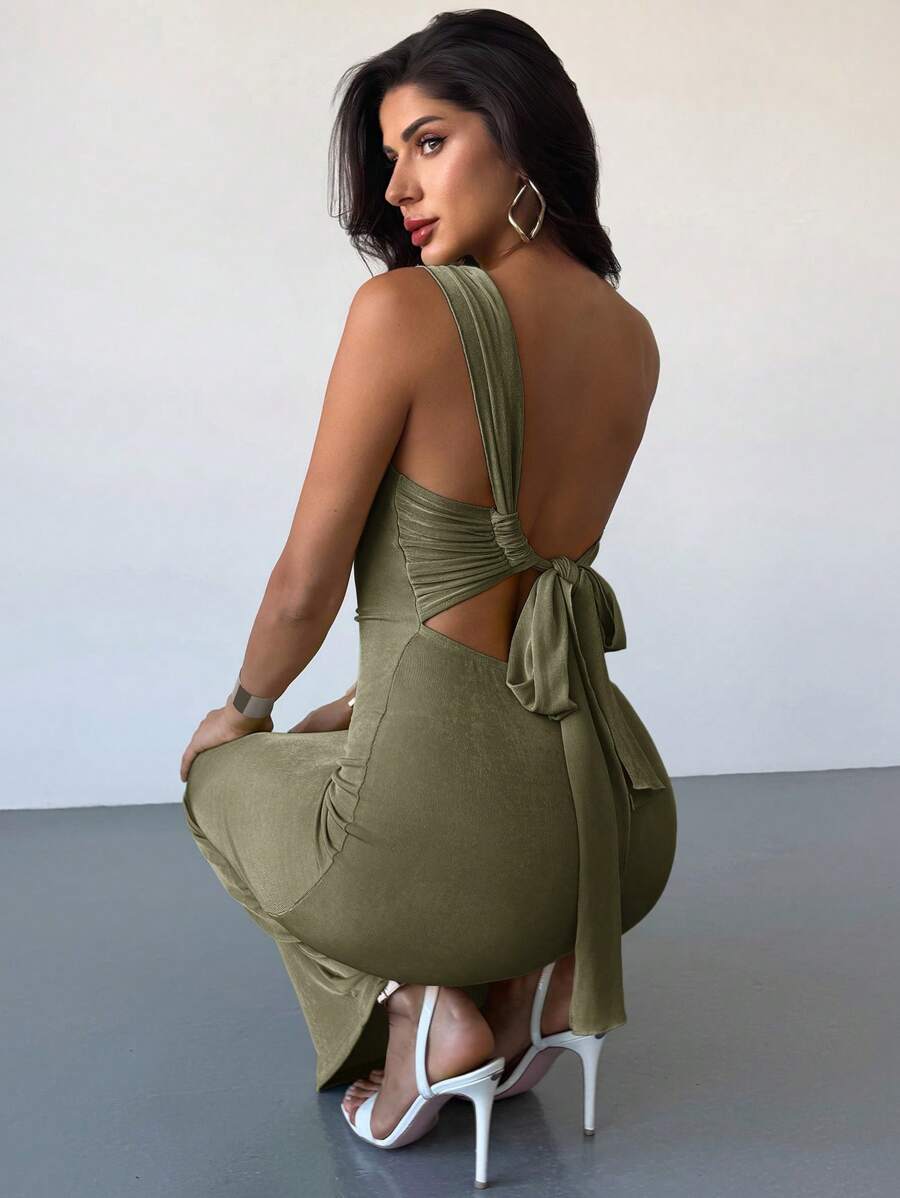 Firerie Vestido maxi elegante y sexy para vacaciones con diseño de un solo hombro con pliegues, espalda descubierta y cintas, adecuado para el Día de San Valentín, la temporada de bodas, el Día de San Patricio, primavera/verano