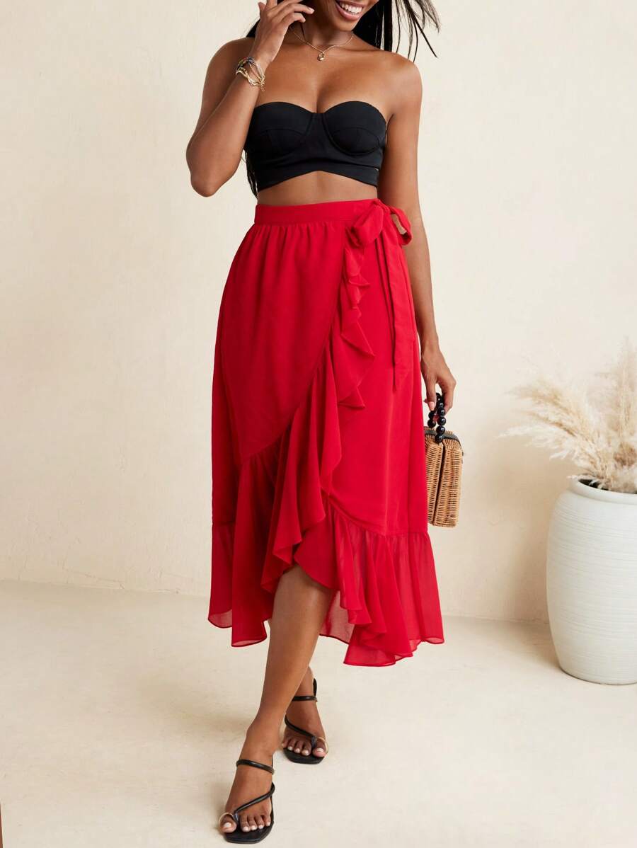 BELANGE HANDMADE Red Solid Color Crepe Wrap Belt Waist Ruffles Midi Skirt Women Beach Vacation Holiday