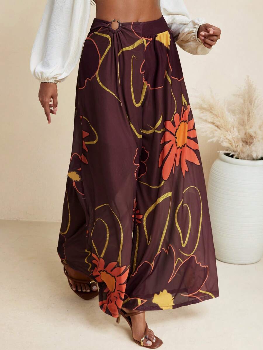 BELANGE HANDMADE Floral Print Wide Leg Pants High Waist