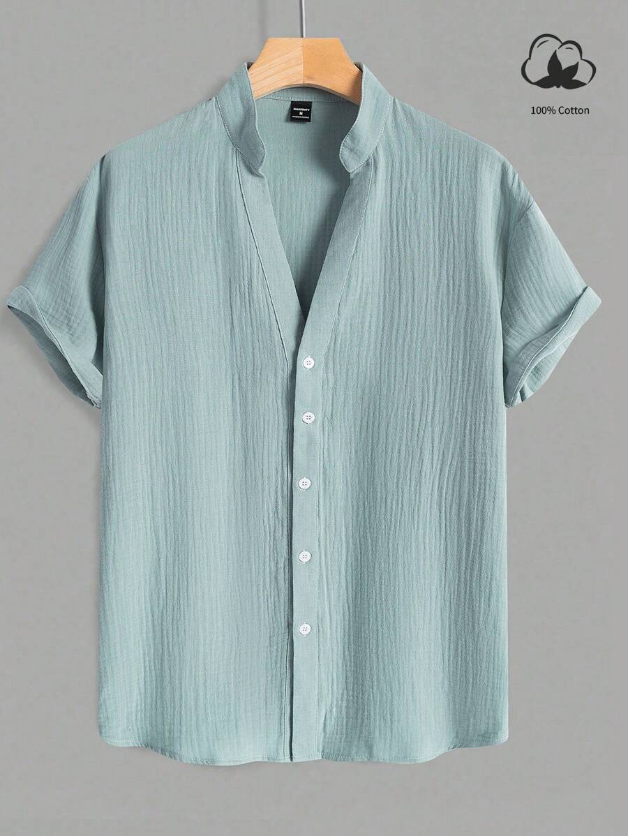 Manfinity Homme Camisa de manga corta de un solo pecho, de color uniforme, informal/para trabajo, camisas sencillas para hombres