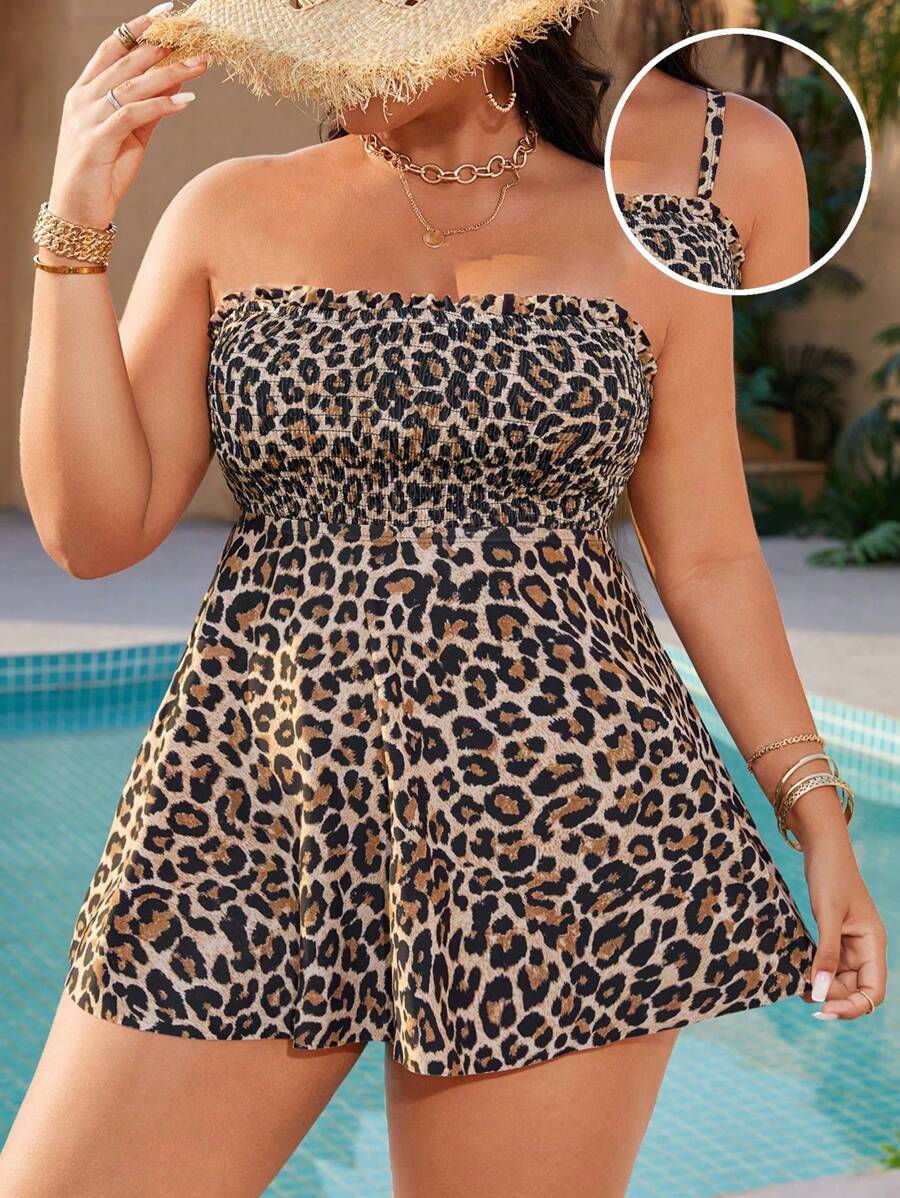 Slaydiva New Plus Size Women Leopard Print Tankini Swimsuit With Shirred Skirt - High Waist Bikini 2 Pieces Set