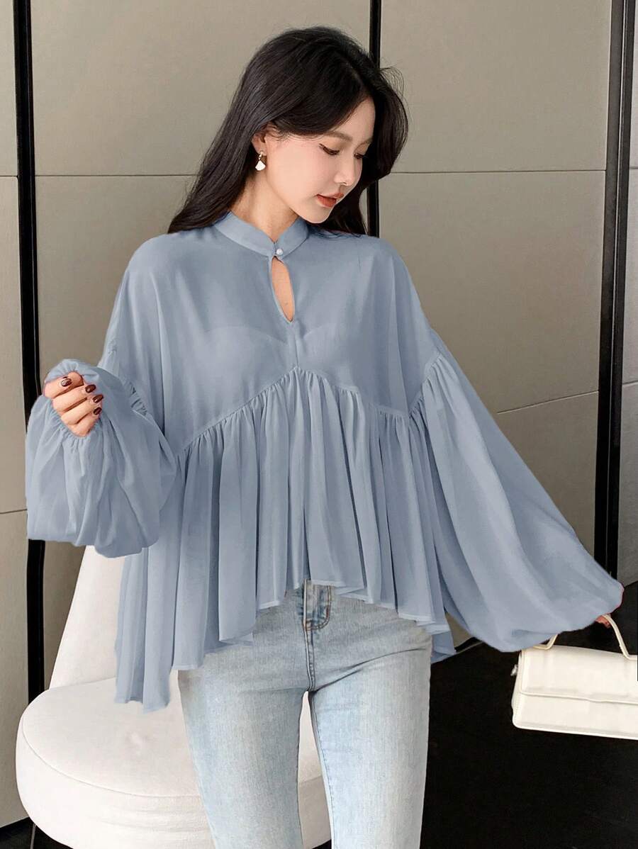 DAZY Women's Solid Color Standing Collar Long Sleeve Pleated Casual Vacation Blouse, Spring/Summer
