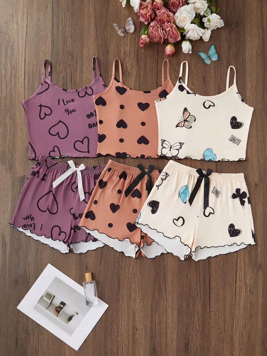 Snug Zone 3 pièces Set Débardeur et Short Pyjama Imprimé Papillon et Cœur