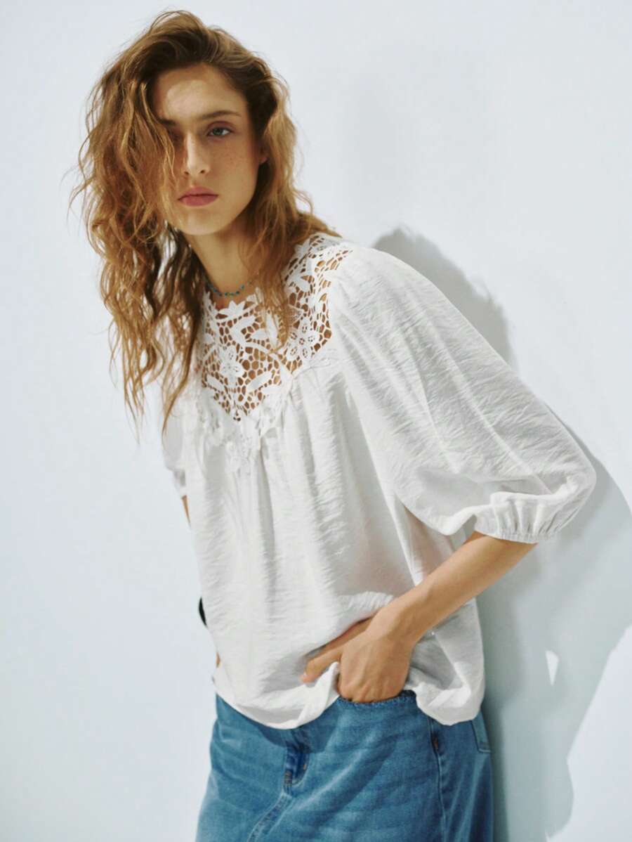 Lumivelle Nuova camicetta bianca estiva in cotone, in pizzo a rete, con collo tondo e inserti in pizzo, adatta per insegnanti, abbigliamento estivo da donna, casual, per uscite, viaggi e versatile