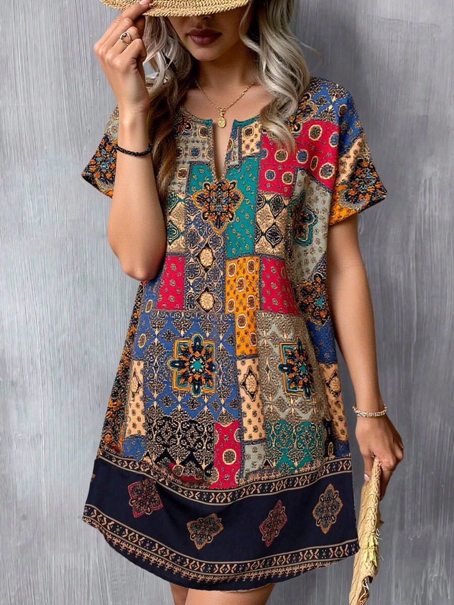 SHEIN LUNE Casual Minimalist Women's V-Neck Woven Patchwork Floral Short Dress, Suitable For Spring & Summer Summer Dresses For Women,Sun Dresses For Women,Shirt Dresses For Women