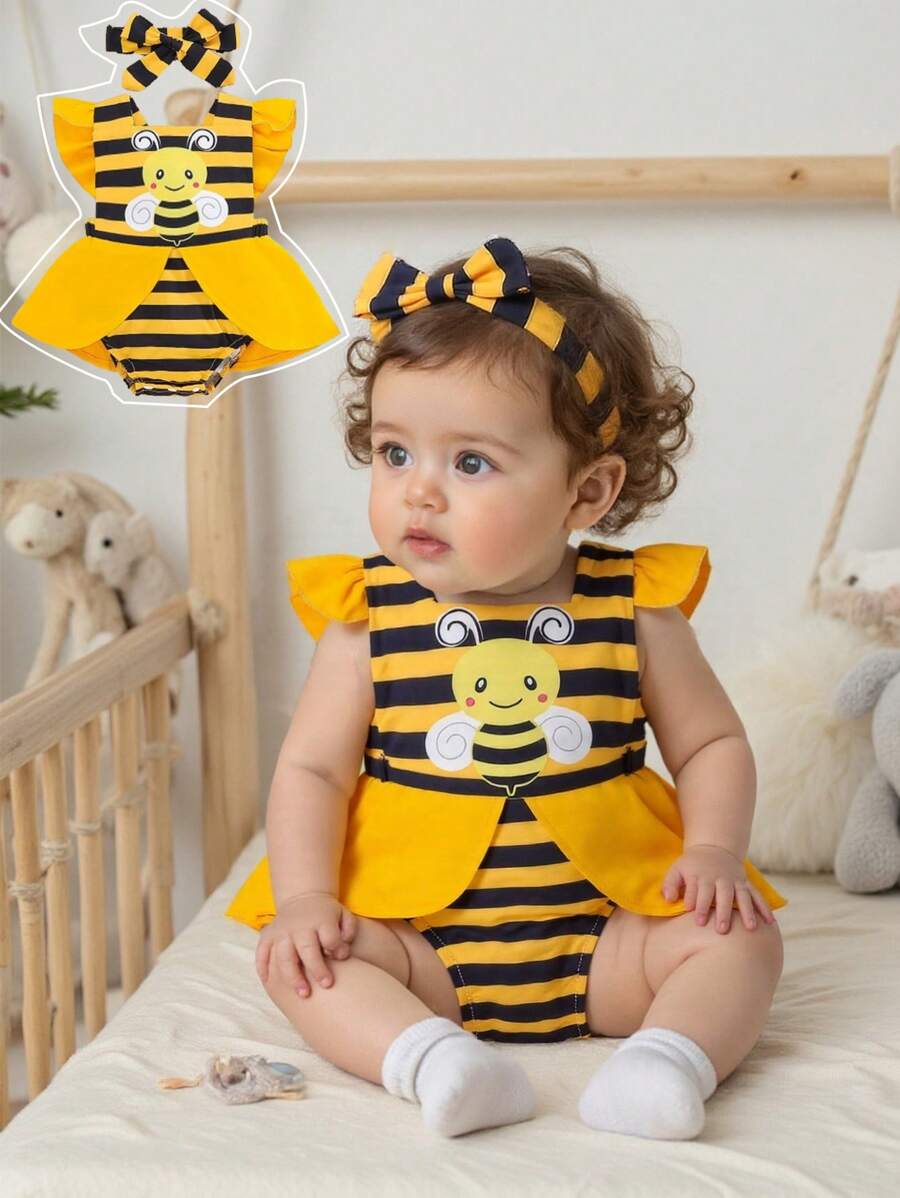 SHEIN 1 pieza Pelele de manga corta con estampado de abeja y cintura elástica para bebé niña, conjunto de uso diario holgado y cómodo con diadema, nuevo lanzamiento de verano