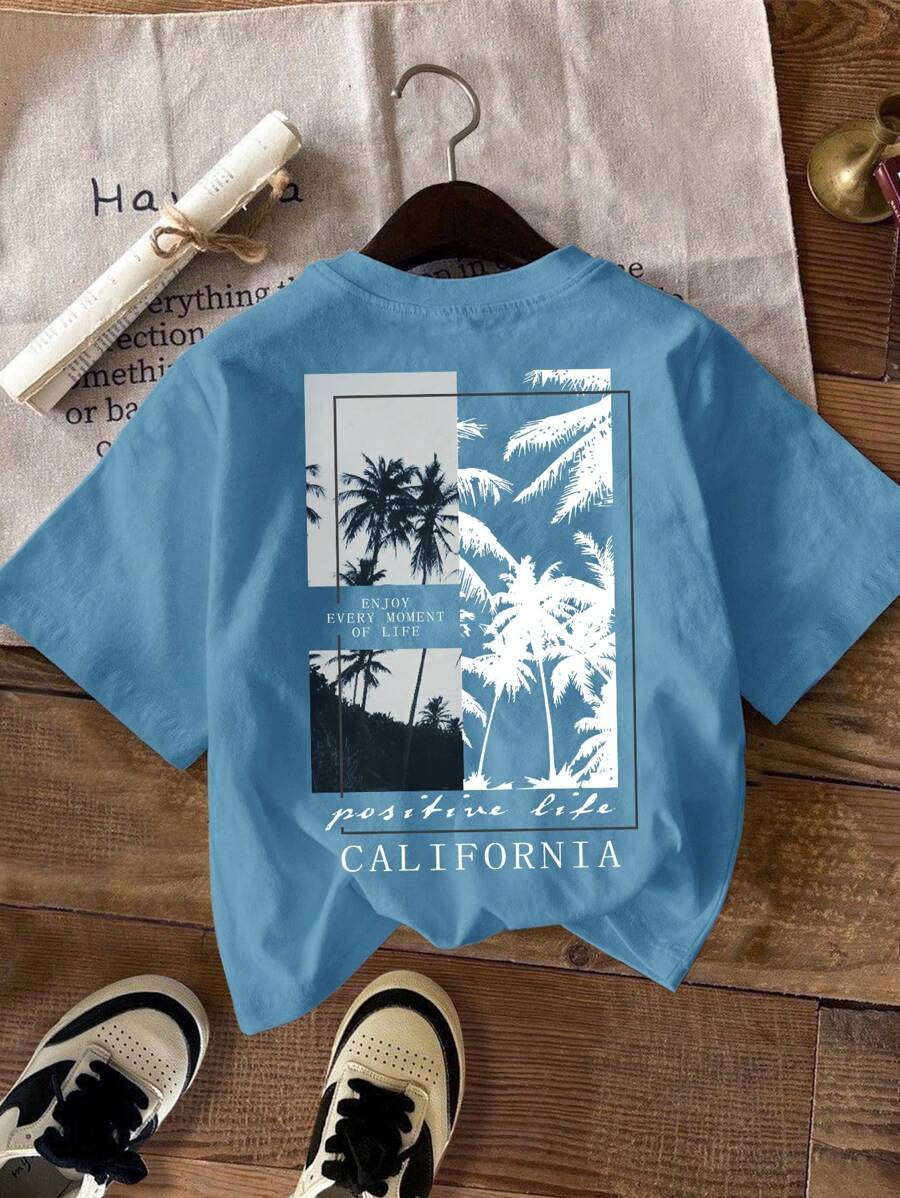 SHEIN Camiseta de manga corta y cuello redondo informal para niños, adecuada para el verano