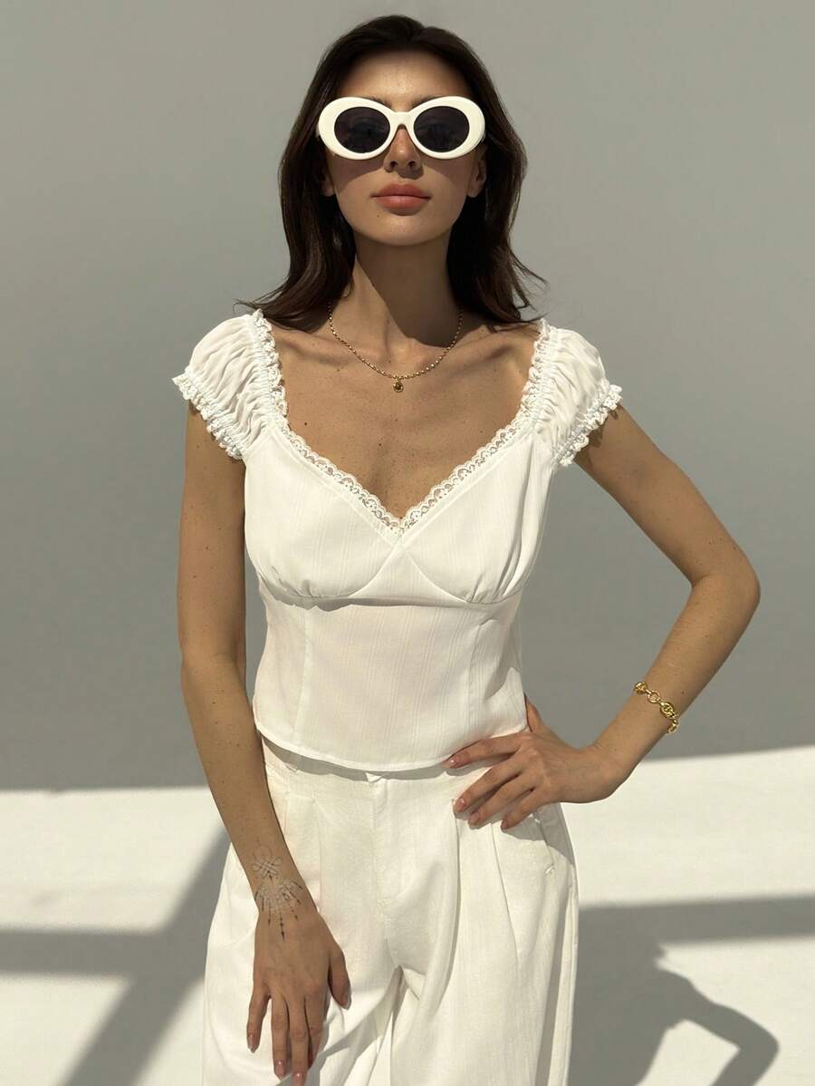 Aloruh Women Casual Solid Color Lace Trim Blouse, Summer