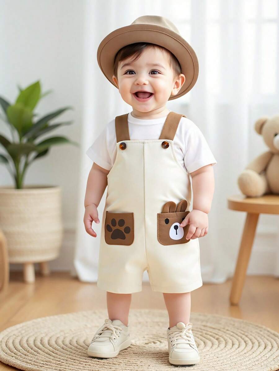 SHEIN Playful Pals Mono de verano para bebé niño con diseño de bolsillo con cachorro