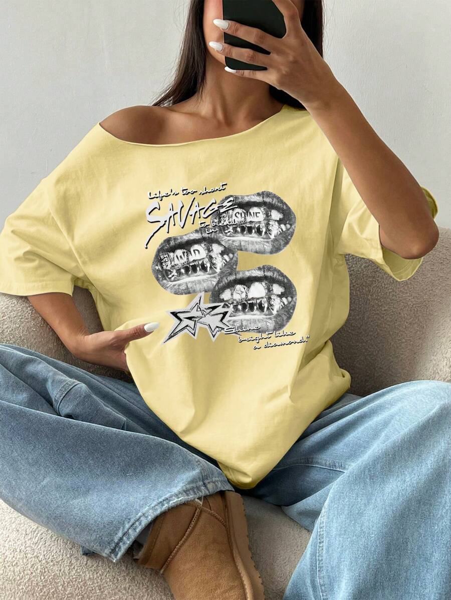 Flirla Camiseta suelta con hombros descubiertos, camiseta gráfica oversize con hombros descubiertos para mujer, blusas gráficas para mujer
