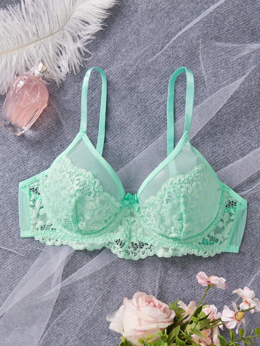 SHEIN 1 pieza Sujetador inalámbrico cómodo de malla transparente y encaje semi-transparente de color verde claro para mujeres