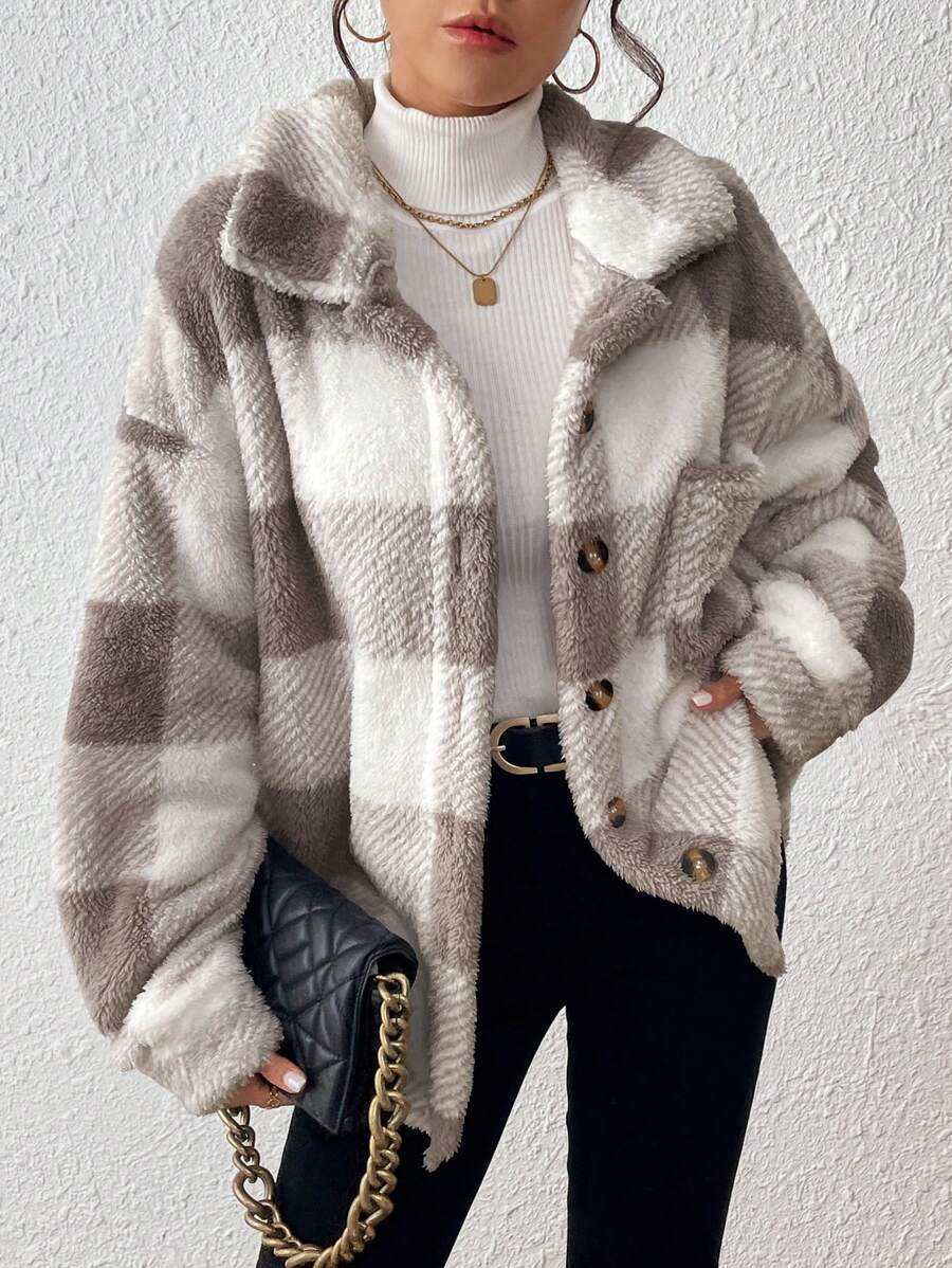 INAWLY Women's Plaid Fuzzy Single-Breasted Casual Loose Regular Jacket