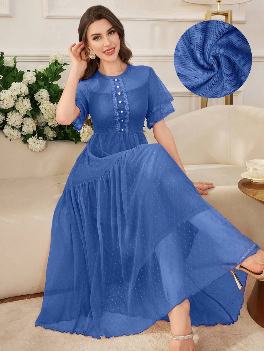 Modelyn Abito ampio elegante da donna in stile primavera/estate con inserti in merletto, perle e bottoni, a pois e fiori con tessuto in in rete