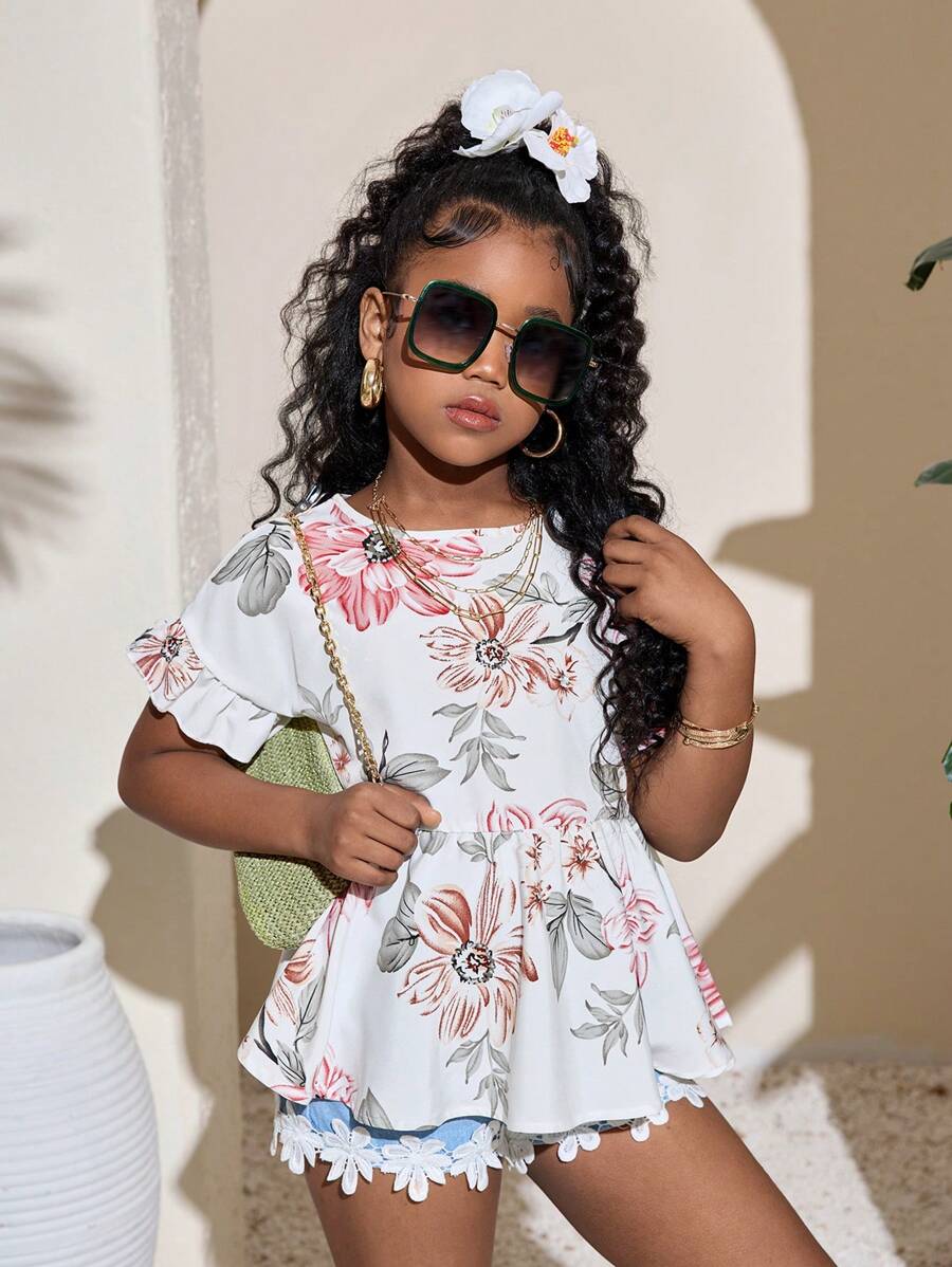 SHEIN Blusa con volantes y manga abullonada con estampado tropical para niña preadolescente