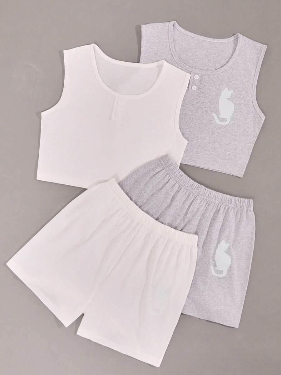 RueChic 2 lots Ensemble de lingerie de nuit femme en coordonné avec débardeur et short de couleur contrastante motif chat