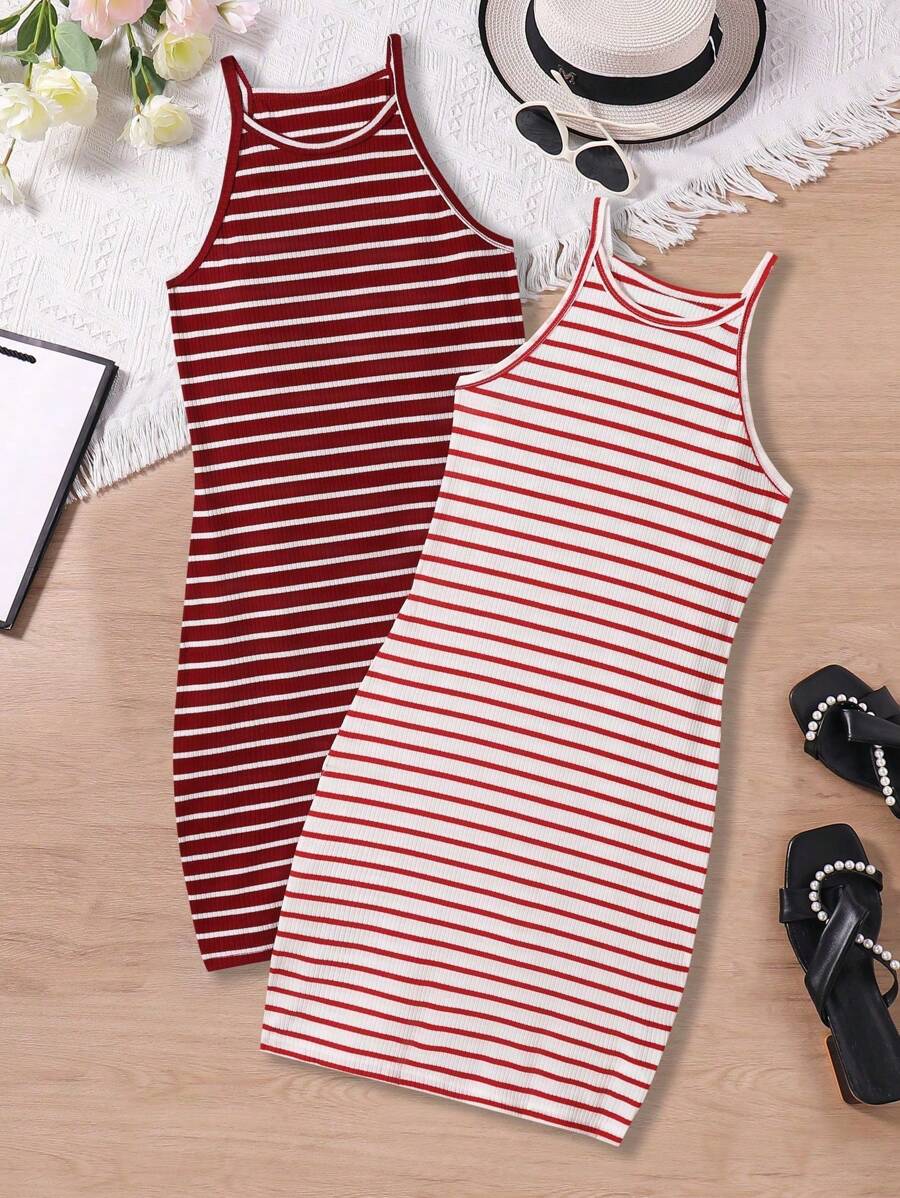 SHEIN Gestreiftes ärmelloses Kleid in Große Größen für Mädchen, Mehrfachpackung