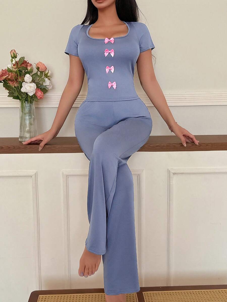 Conjunto de pijama informal de mujer con top de manga corta con lazo y pantalones