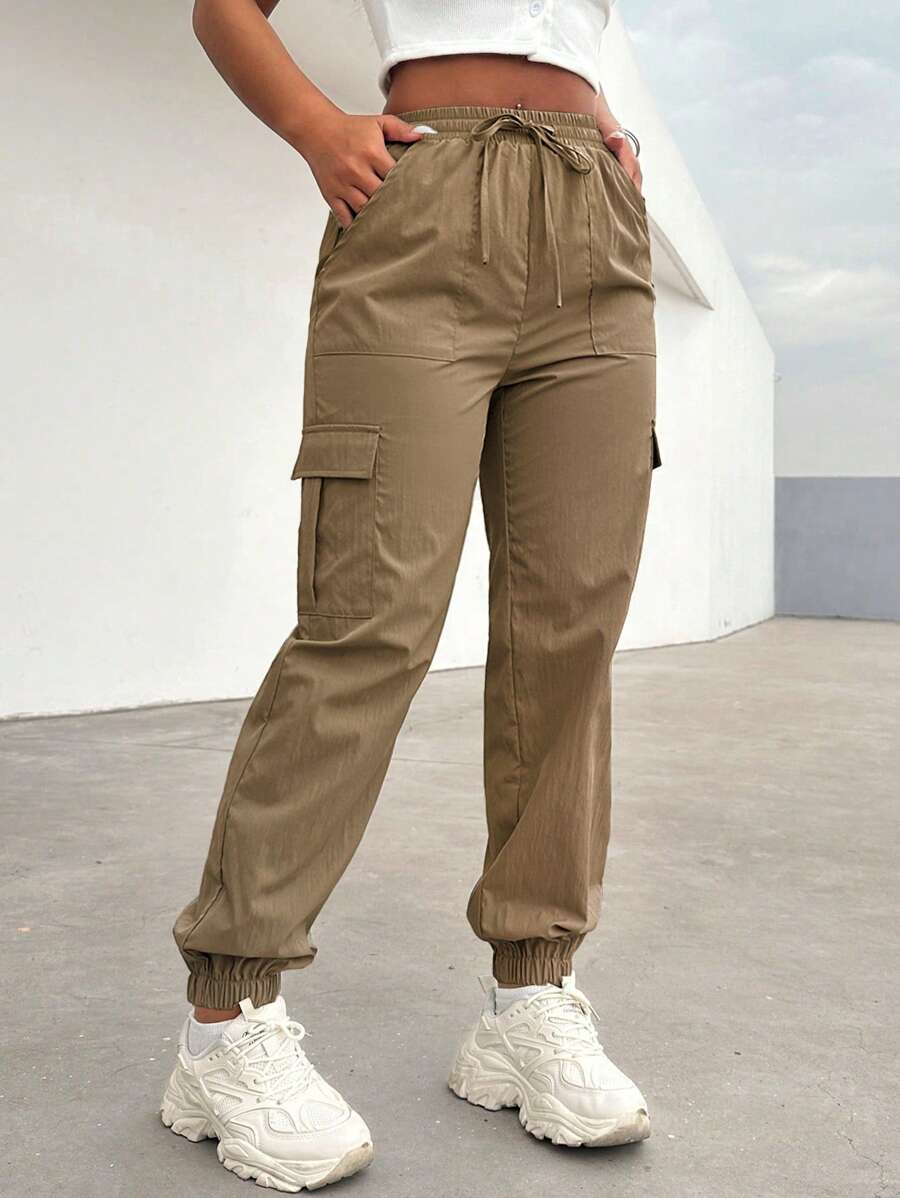 VaVaBold Pantalones cargo casuales de mujer de unicolor con bolsillos y cordón