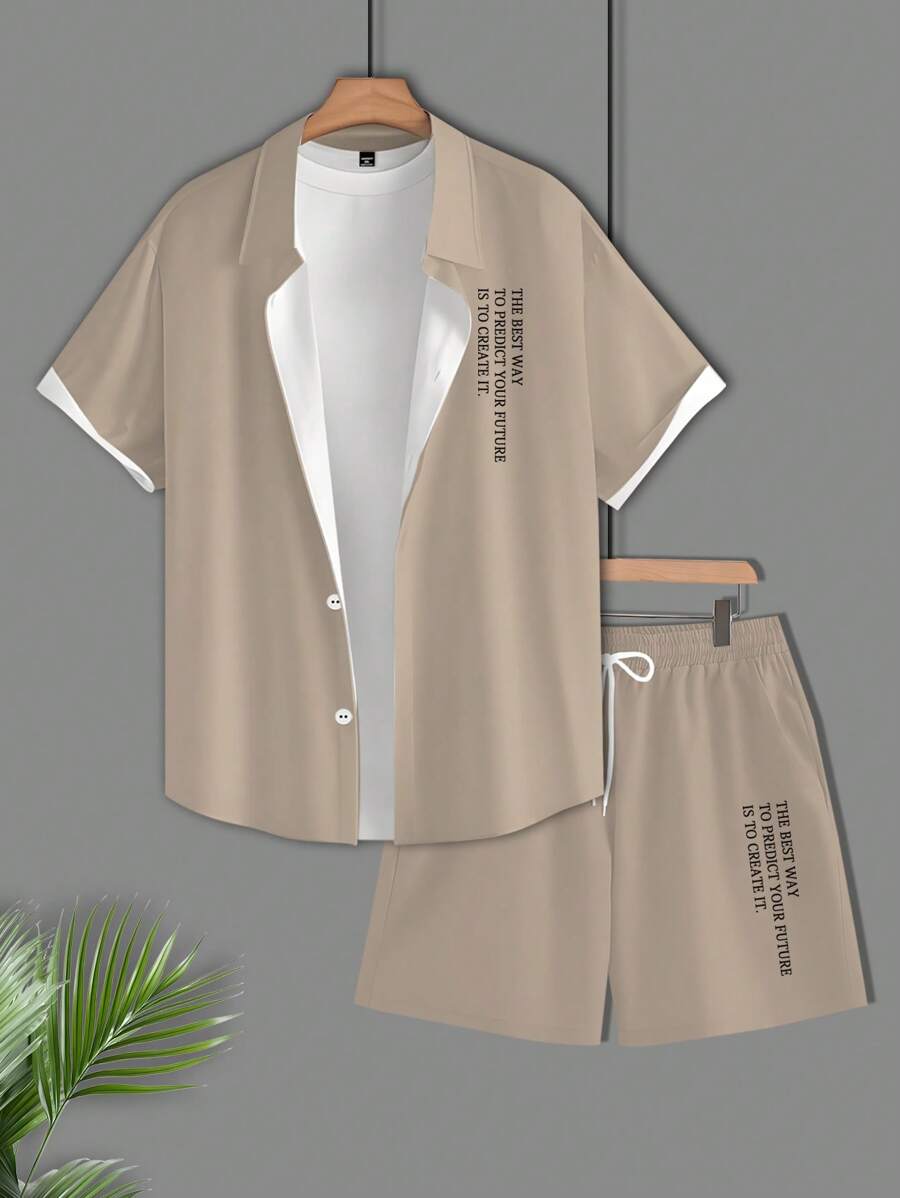 Manfinity Homme Conjunto de camisa de manga corta de color caqui con estampado de letras para hombre