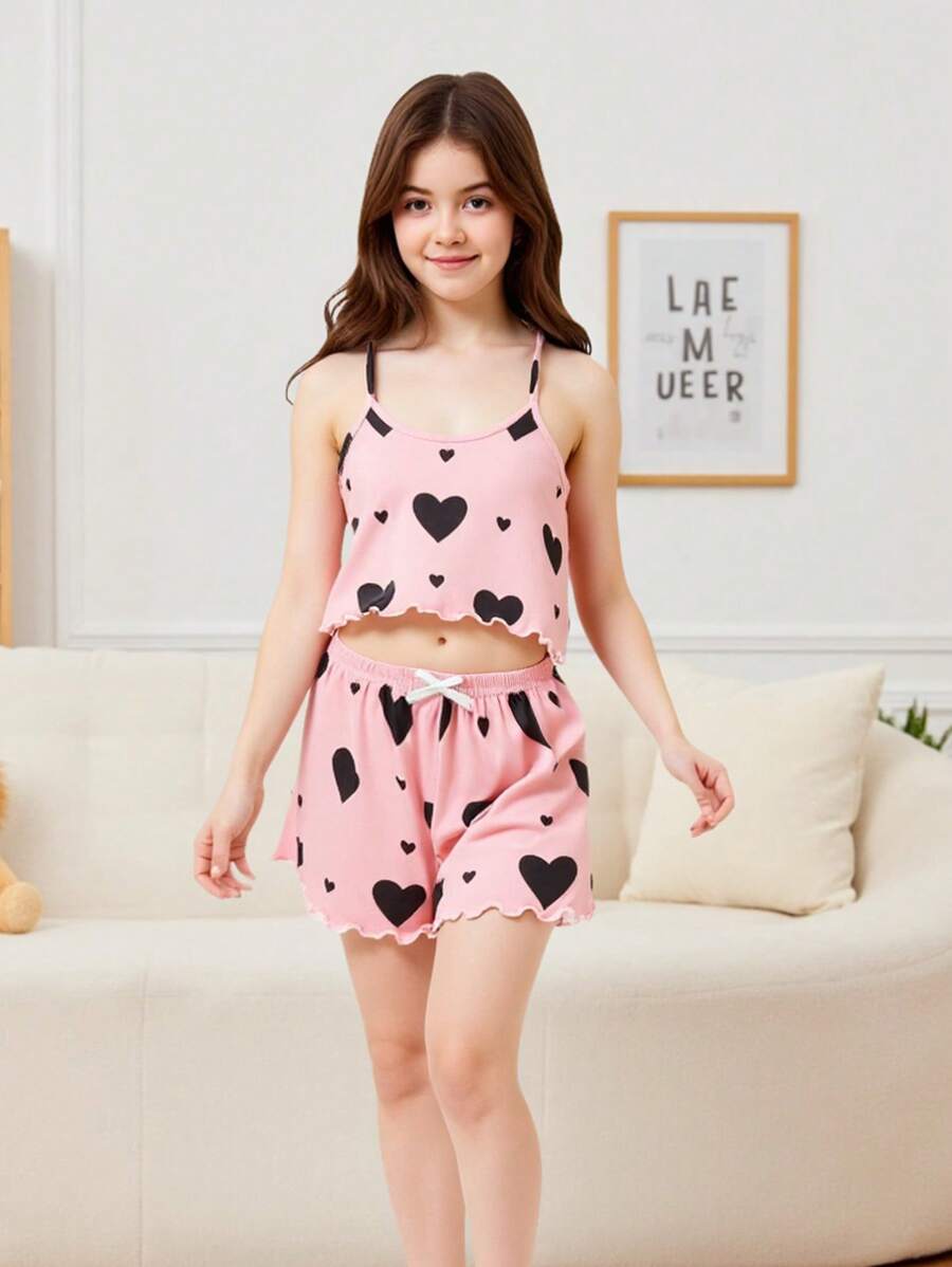 SHEIN Conjunto de pijama con camiseta de tirantes con gráfico de corazón y pantalones cortos para niñas preadolescentes