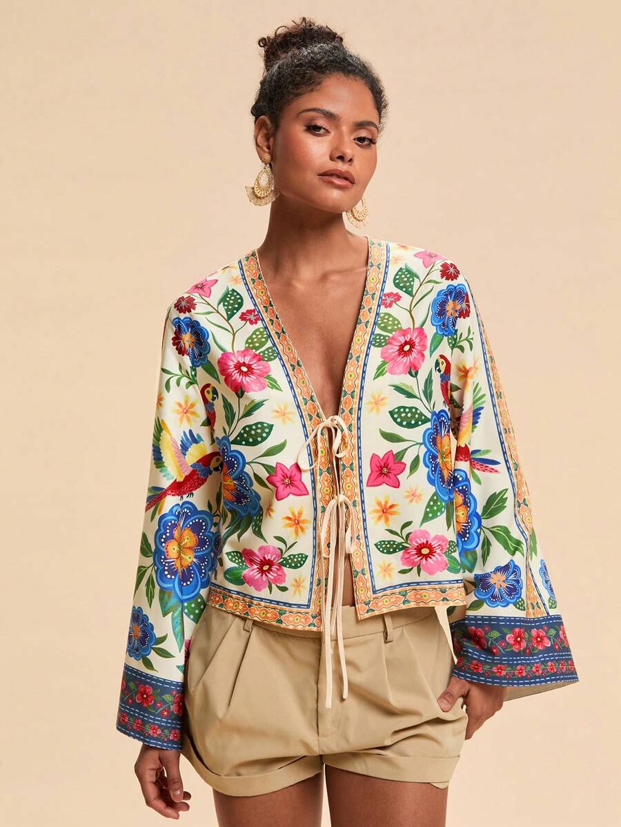 Travachic Blusa corta suelta de mujer con mangas 3/4, estampado tejido y nudo delantero