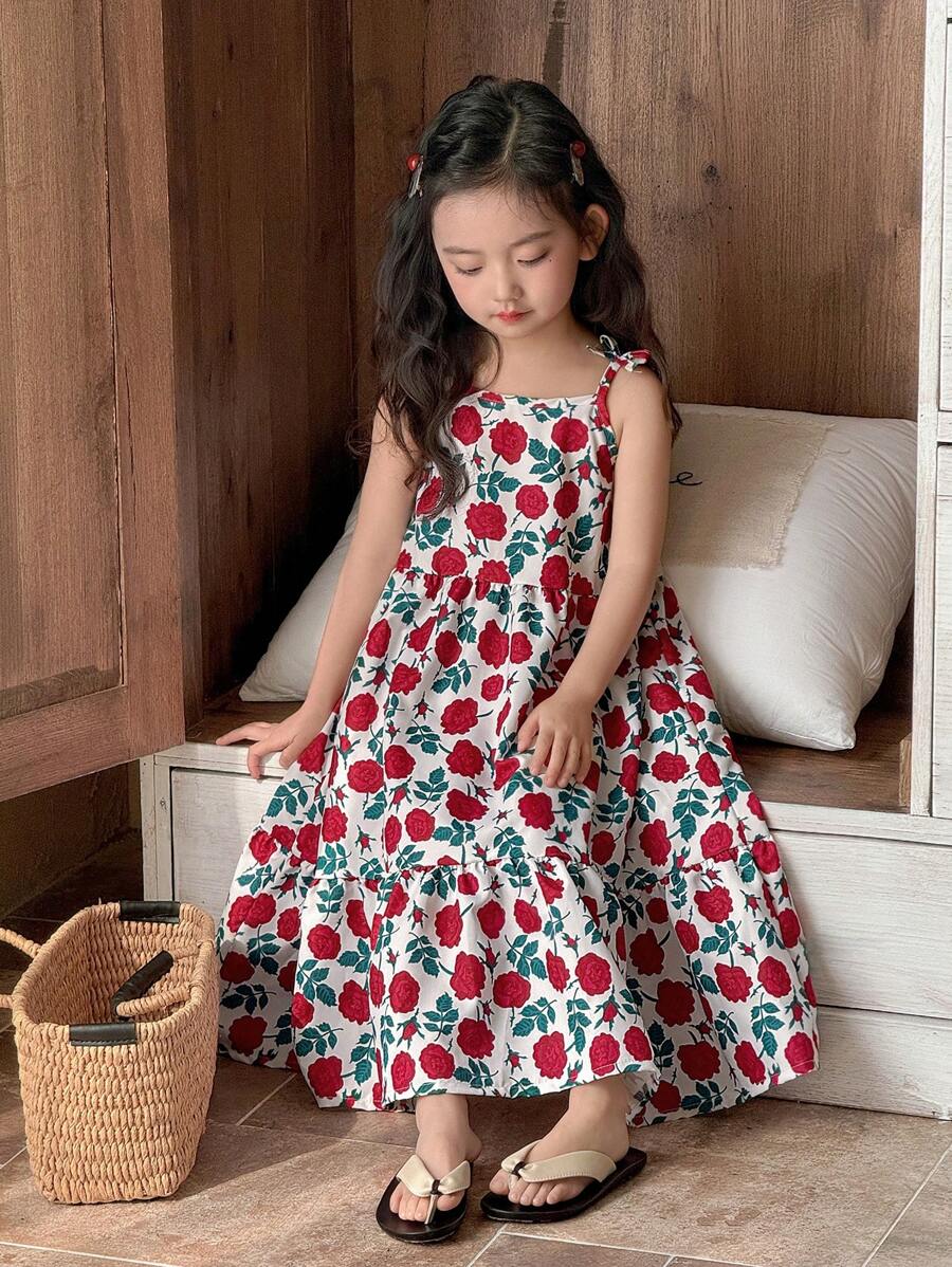 SHEIN Young Girl Floral Print Elegant Fashion Comfortable Bow Decorated Spaghetti Strap Mid-Length Dress Summer Holiday