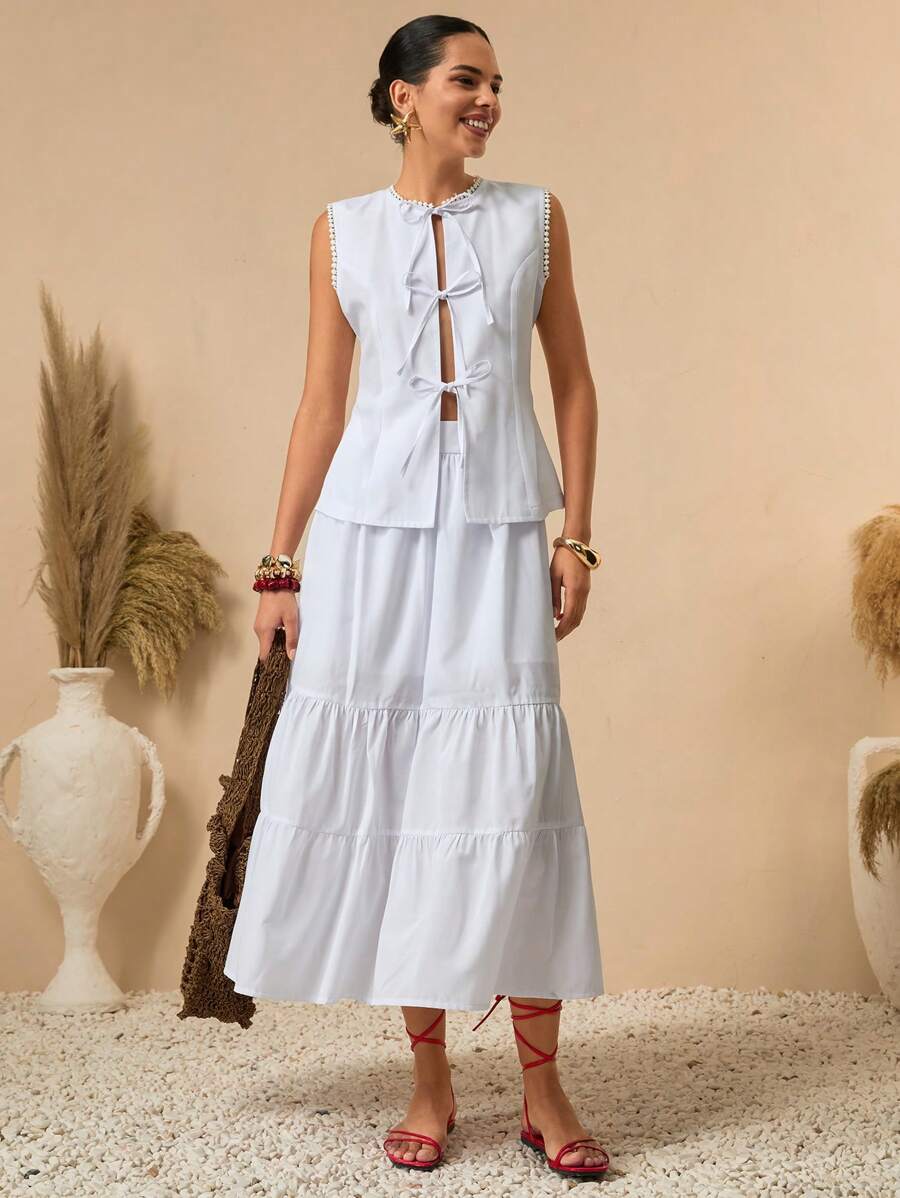 Bóhologie Conjunto de 2 piezas para mujer con blusa con cinta de encaje en los huecos de los brazos y el cuello, y falda larga. Conjunto de ropa de primavera-verano con look limpio
