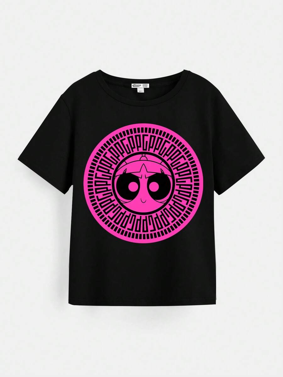 THE POWERPUFF GIRLS X SHEIN Camiseta de manga corta y cuello redondo informal con estampado de flores de dibujos animados para niña preadolescente, verano
