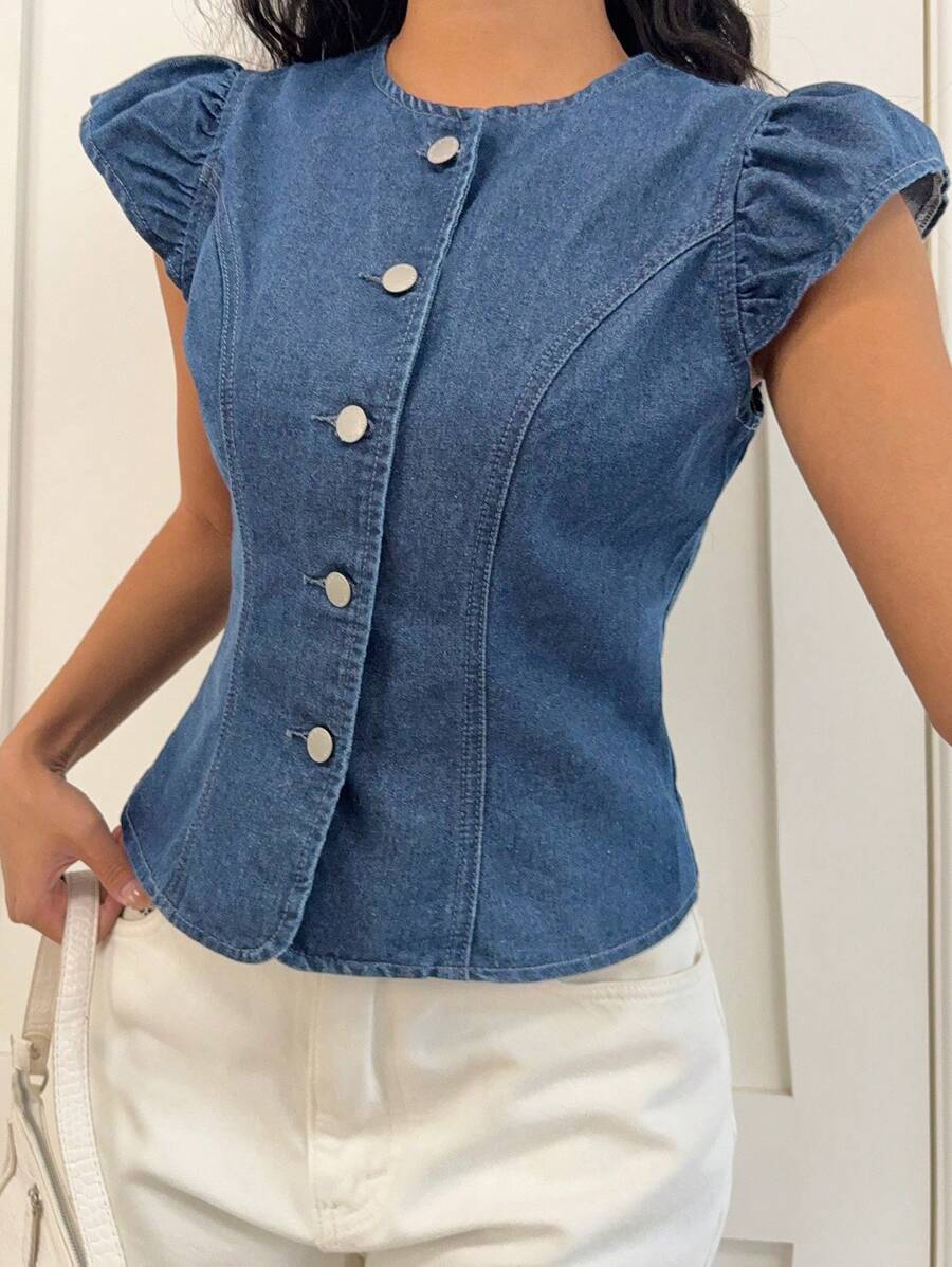 K-Vae Women's Denim Shirt, Casual Fitted Style With Round Neck, Blue