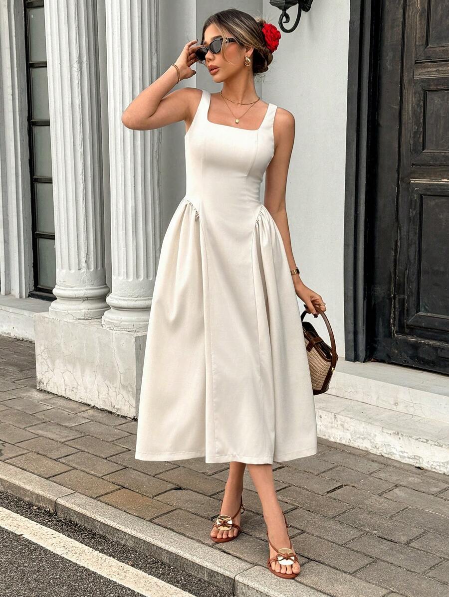 Gloray Damen Maxi-Kleid im französischen Stil mit quadratischem Ausschnitt, ärmellos, elegant plissiert, einfarbig