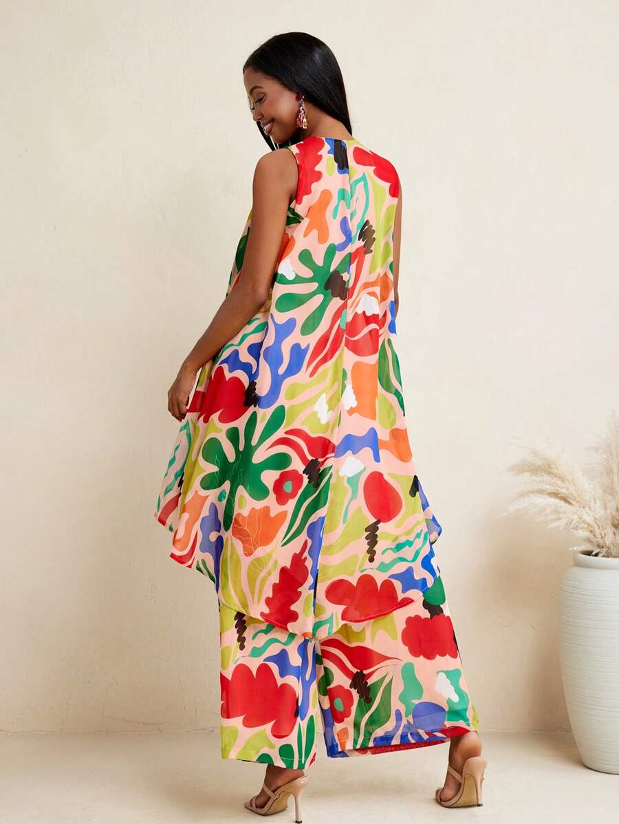 JIAN LASALA Summer Colorful All-Over Printed Soft Flowy Chiffon Sleeveless A-Line Vest Top Vacation Outfits Hawaii Outfits Women Ankara Tops Resort Wear Rave Outfits Festival Vintage Homecoming SXY