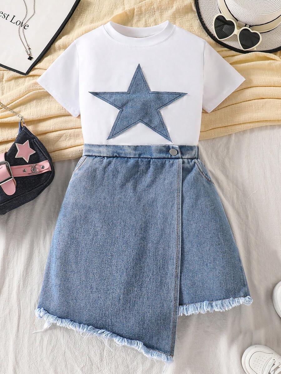 SHEIN Outfit casual da ragazza composto da t-shirt in denim con fiocco ricamato e pantaloncini in denim