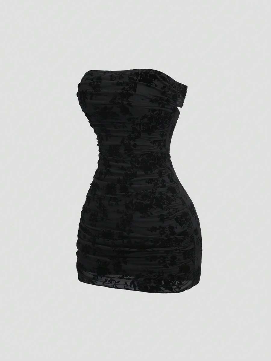 SHEIN PETITE Vestido mini ajustado de malla transparente con estampado de flocaje, adecuado para mujeres altas