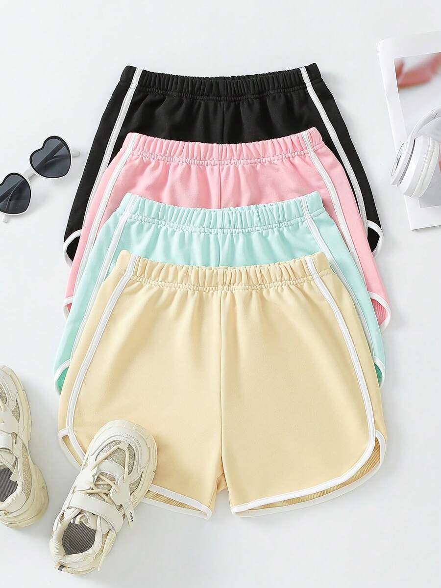 SHEIN Conjunto de shorts informales de estilo callejero y de universidad con colores contrastantes para niñas preadolescentes