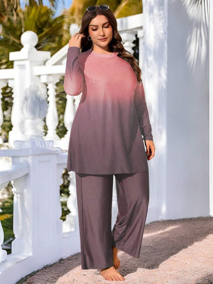 Swim Mulvari Set de maillot de bain pour femme grande taille 2 pièces, style Moyen-oriental avec imprimé dégradé, manches longues, col rond, ample et ample. Loisirs et vacances