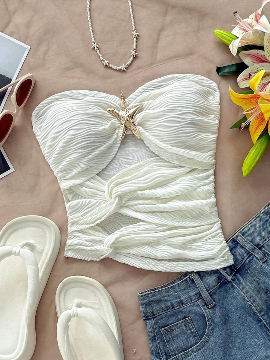 Soleia Top fără bretele din tricot alb de vacanță pentru femei, cu decupaj stea de mare, tiv asimetric asimetric, bluză de modă sexy pentru slăbire, pentru petrecere, întâlnire, Ziua Îndrăgostiților, carnaval, Paște, Western, festival de muzică, plajă, croazieră