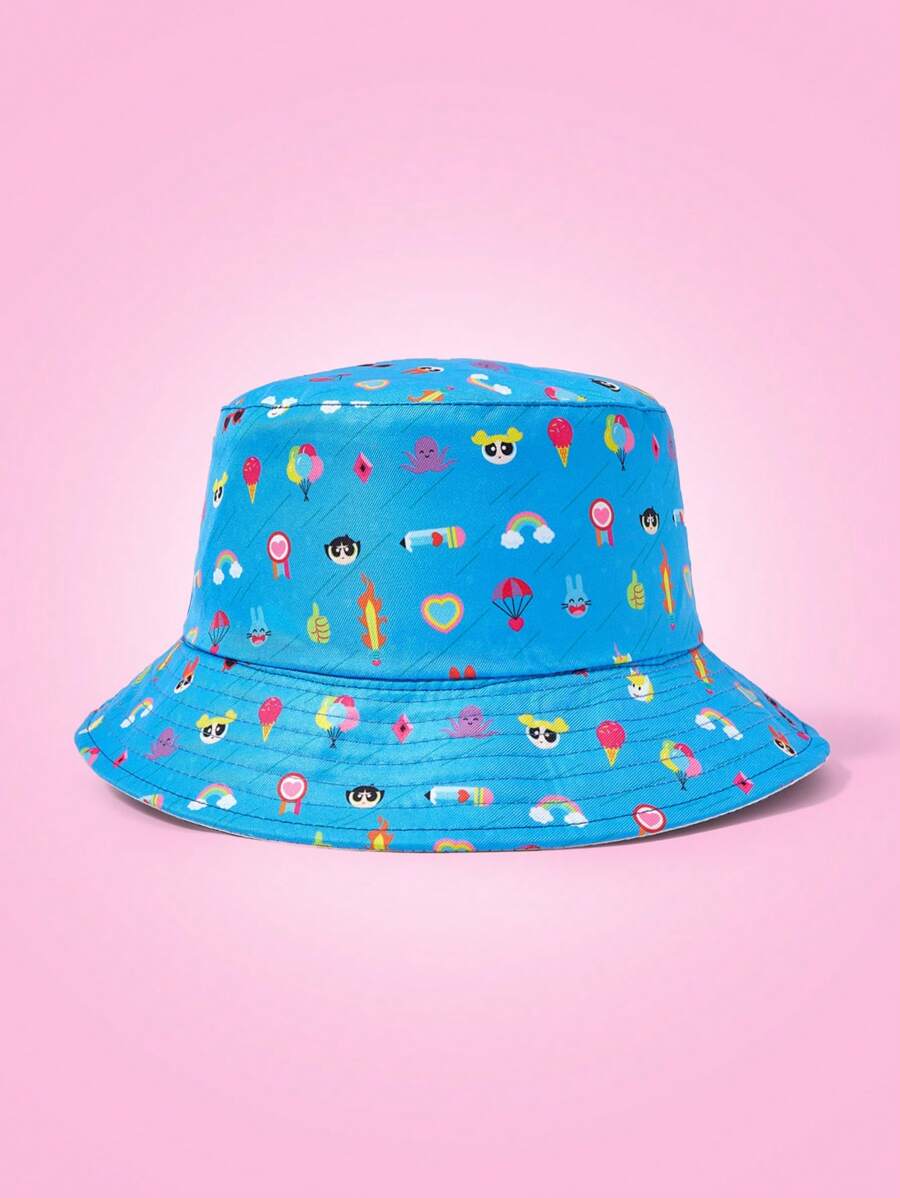 THE POWERPUFF GIRLS X SHEIN Chapeau seau réversible à imprimé tout-sur-tout, mode streetwear
