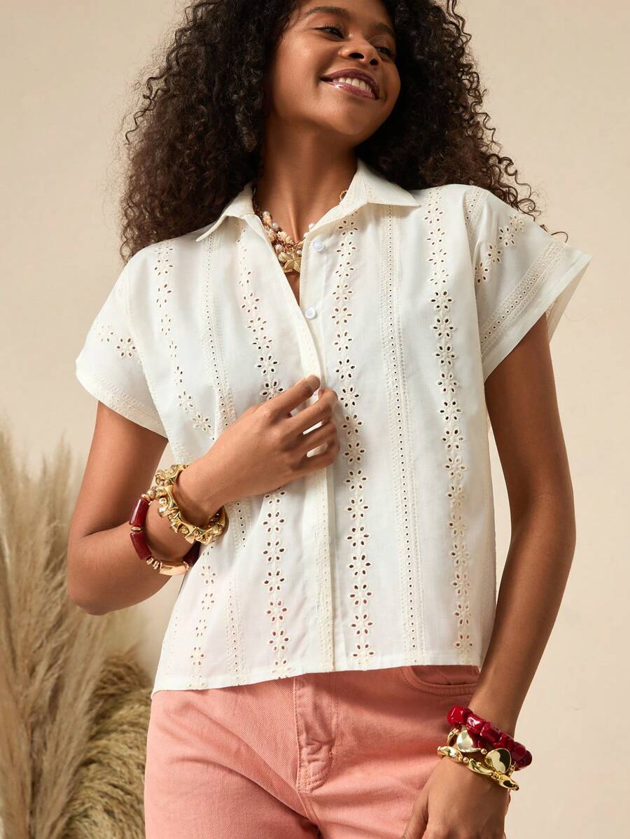 Bóhologie Blusa donna senza maniche con colletto, bottoni e ricamo, in tessuto lavorato a maglia di colore unito, adatta per primavera, estate, vacanze e stile boho
