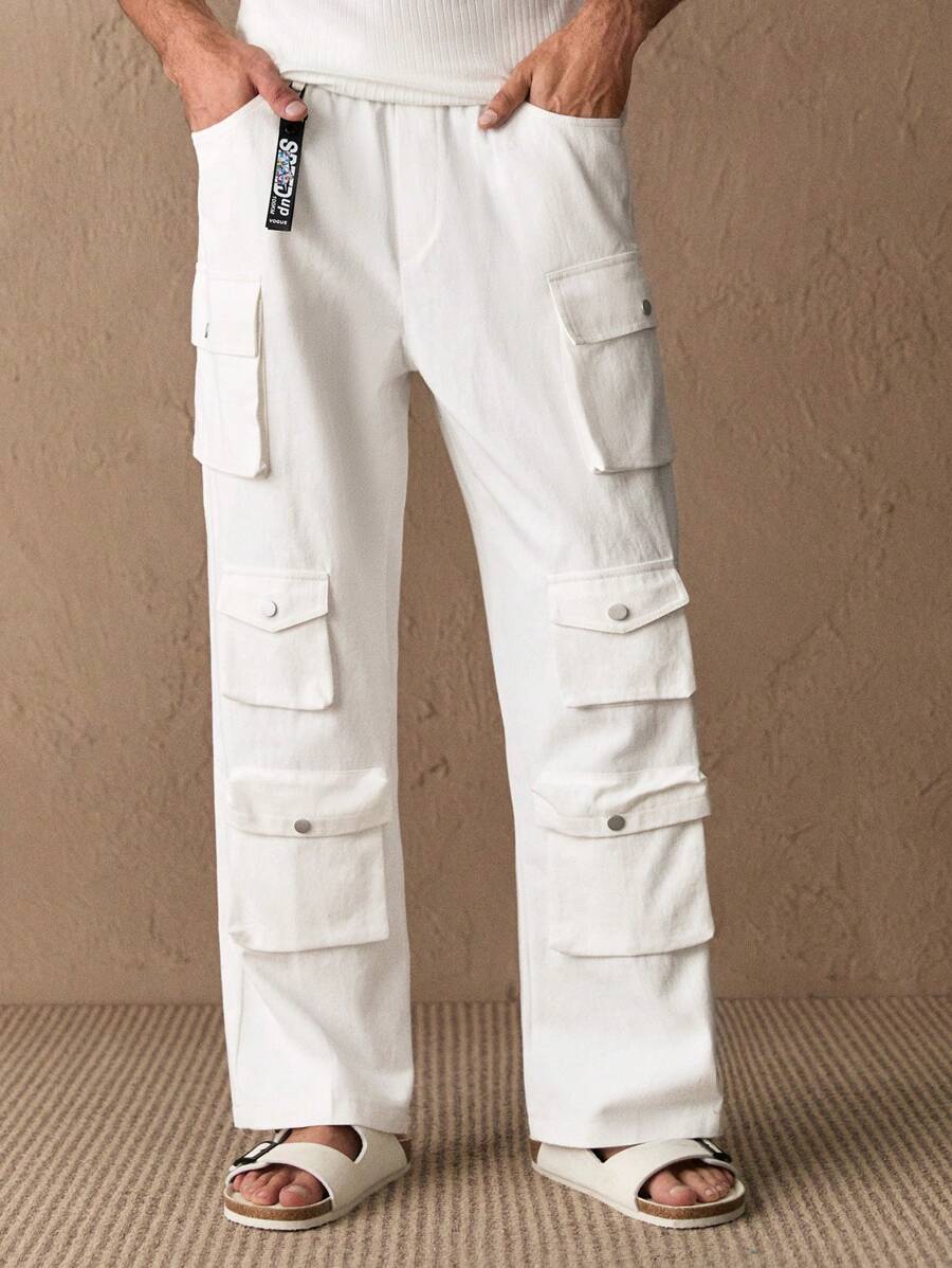Manfinity ModaGents Pantalones holgados de carga con cordón en la cintura y bolsillos múltiples, para hombres, uso casual en primavera y verano