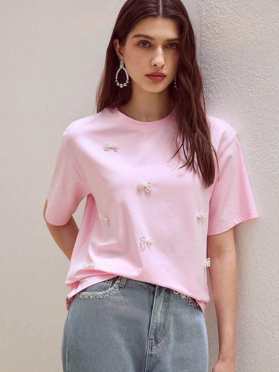 MOTF STUDIO FAUX PEARL BOW DECOR T-SHIRT