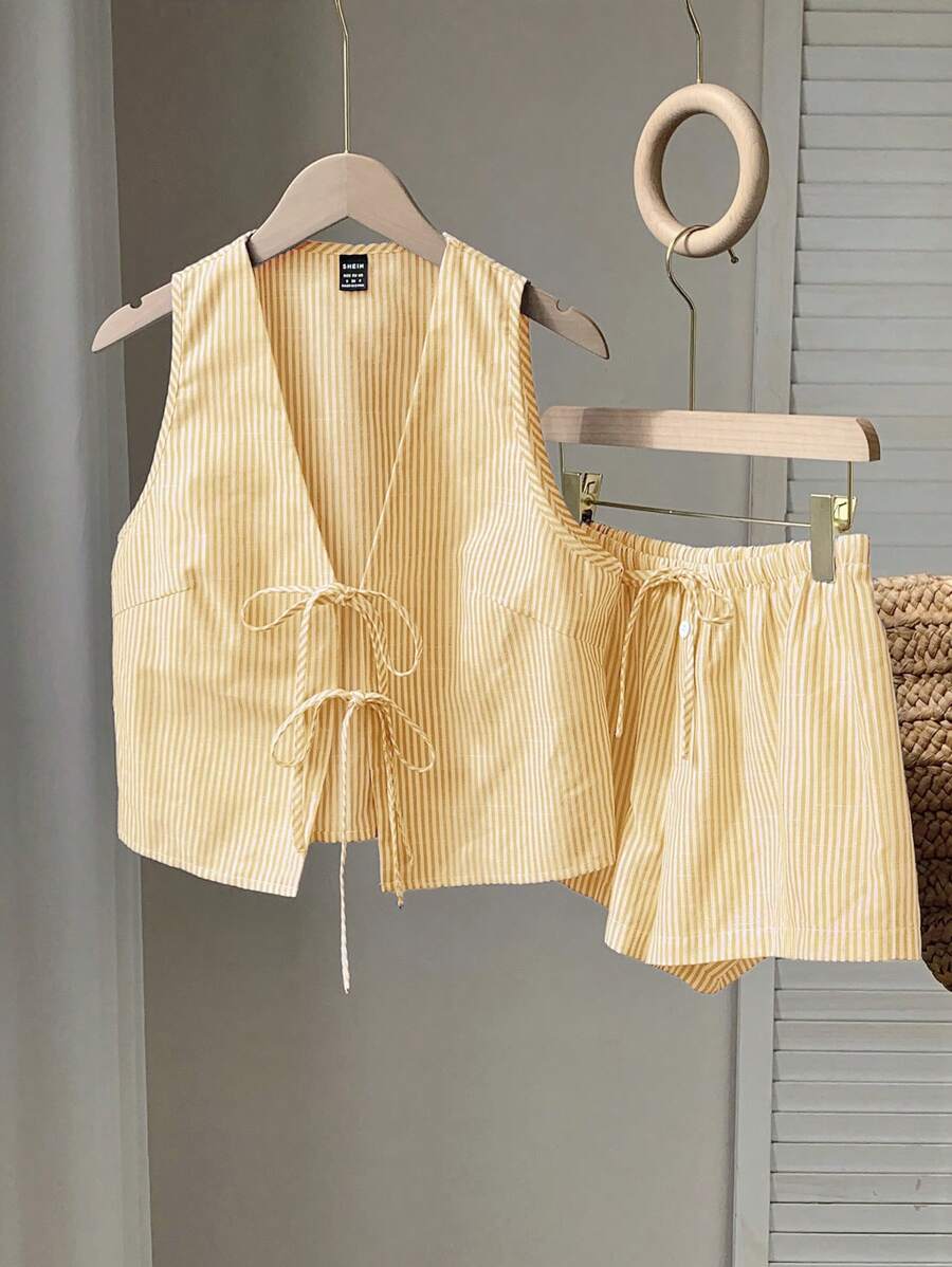 Comfortcana Traje casual de mujer de rayas amarillas tejido