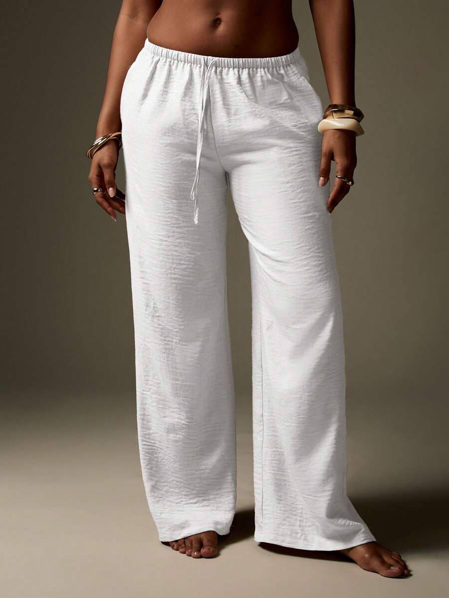 MISSGUIDED Wide Leg Linen Feel Beach Resort Drawstring Pants Lounge Palazzo Vacation Summer Trousers Casual Comfort Elastic Waist